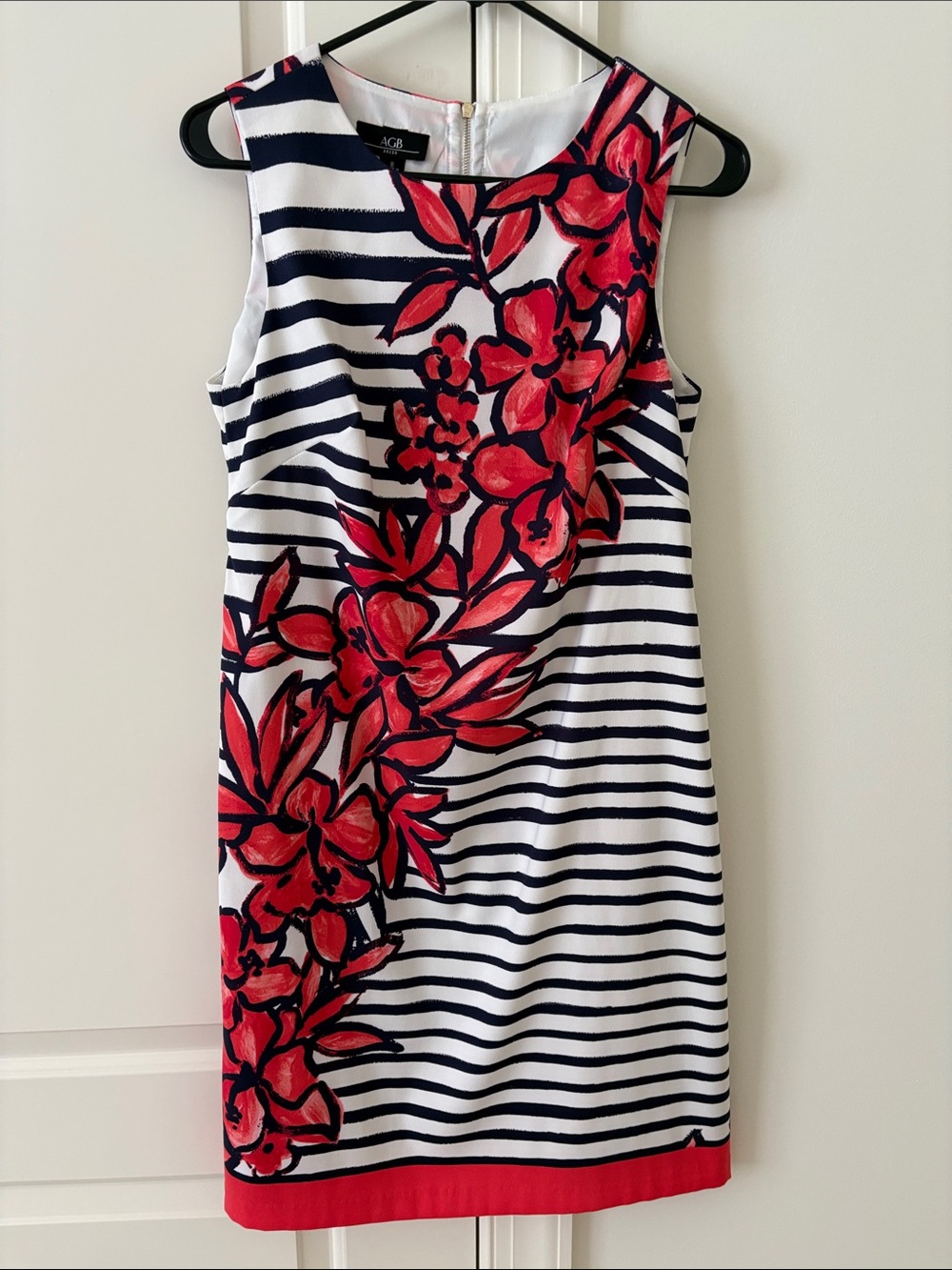 AGB Navy & White Striped Mini Dress with Red Floral Accent